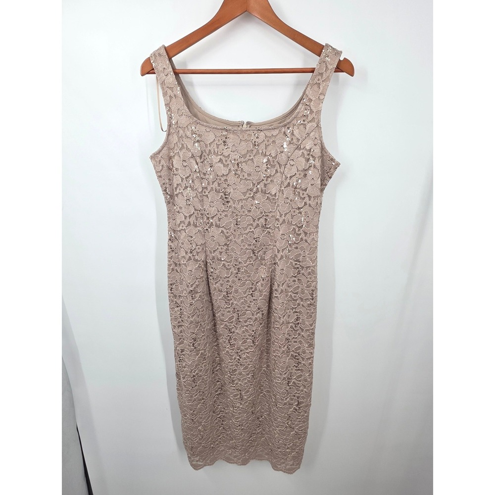 SLNY Womens Floral Lace Sequin Scoop Neck Sheath Midi Dress Taupe 10 9113104